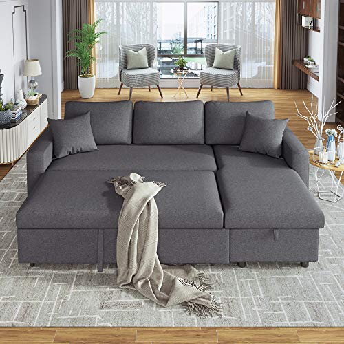 Evedy 87.4" New Sleeper, Convertible Pull-Out Sofa Bed,L-Shaped Storage Space Chaise Lounge,Sectional Couches with 2 Tossing Cushions,for Apartment Office and Bedroom, Gray G