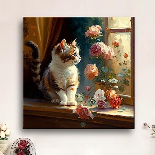 Window sill cat Flowers Cross Stitch Kits-cat Flower Counted Cross Stitch Pack Stamped Cross-Stitch Needlepoint Counted Kits Beginners,Embroidery Kit Arts and Crafts for Home Decor/8x12 inch