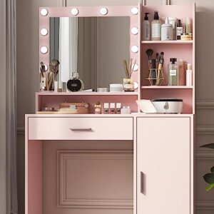 palimder vanity desk with mirror & light, large drawer & three level storage dresser, 3 lighting modes adjustable brightness, bedroom dressing table (pink)