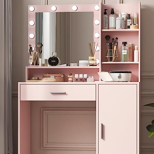 Palimder Vanity Desk with Mirror & Light, Large Drawer & Three Level Storage Dresser, 3 Lighting Modes Adjustable Brightness, Bedroom Dressing Table (Pink)