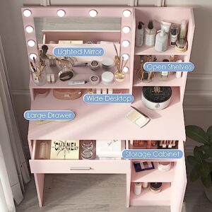 Palimder Vanity Desk with Mirror & Light, Large Drawer & Three Level Storage Dresser, 3 Lighting Modes Adjustable Brightness, Bedroom Dressing Table (Pink)