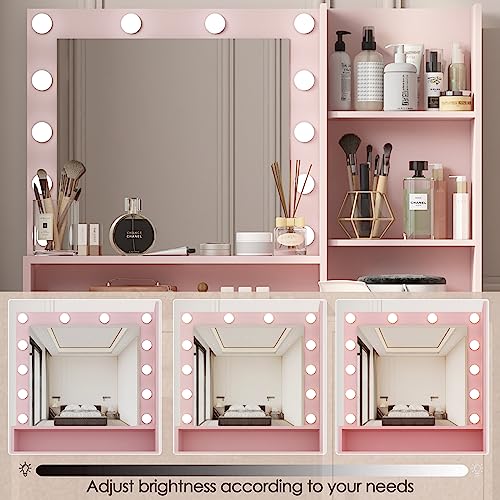Palimder Vanity Desk with Mirror & Light, Large Drawer & Three Level Storage Dresser, 3 Lighting Modes Adjustable Brightness, Bedroom Dressing Table (Pink)
