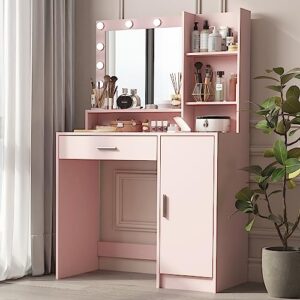 Palimder Vanity Desk with Mirror & Light, Large Drawer & Three Level Storage Dresser, 3 Lighting Modes Adjustable Brightness, Bedroom Dressing Table (Pink)