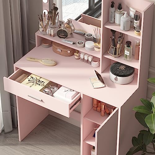 Palimder Vanity Desk with Mirror & Light, Large Drawer & Three Level Storage Dresser, 3 Lighting Modes Adjustable Brightness, Bedroom Dressing Table (Pink)