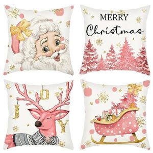 wyooxoo christmas pillow covers 16x16 inch set of 4 christmas tree reindeer pink decorations throw pillow covers winter holiday decor linen pillowcase for sofa couch home decor (16" x 16", pink)