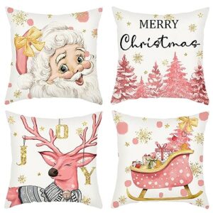 wyooxoo Christmas Pillow Covers 16x16 Inch Set of 4 Christmas Tree Reindeer Pink Decorations Throw Pillow Covers Winter Holiday Decor Linen Pillowcase for Sofa Couch Home Decor (16" x 16", Pink)