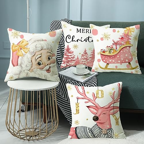 wyooxoo Christmas Pillow Covers 16x16 Inch Set of 4 Christmas Tree Reindeer Pink Decorations Throw Pillow Covers Winter Holiday Decor Linen Pillowcase for Sofa Couch Home Decor (16" x 16", Pink)