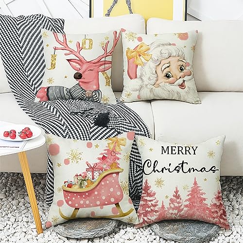 wyooxoo Christmas Pillow Covers 16x16 Inch Set of 4 Christmas Tree Reindeer Pink Decorations Throw Pillow Covers Winter Holiday Decor Linen Pillowcase for Sofa Couch Home Decor (16" x 16", Pink)