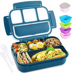 bento box adult lunch box, lunch containers for kids girls boys with 4 compartments, lunchable food container with utensils, sauce jar, muffin liners, 40 oz/5 cup, microwave & dishwasher safe, blue