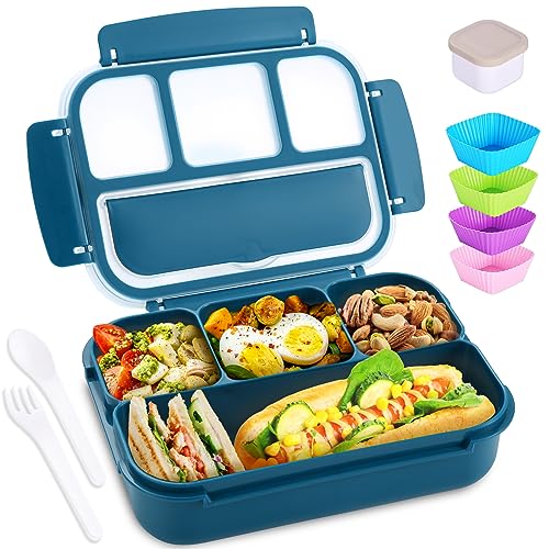 Bento Box Adult Lunch Box, Lunch Containers for Kids Girls Boys with 4 Compartments, Lunchable Food Container with Utensils, Sauce Jar, Muffin Liners, 40 Oz/5 Cup, Microwave & Dishwasher Safe, Blue