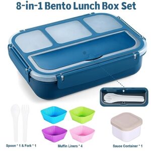 Bento Box Adult Lunch Box, Lunch Containers for Kids Girls Boys with 4 Compartments, Lunchable Food Container with Utensils, Sauce Jar, Muffin Liners, 40 Oz/5 Cup, Microwave & Dishwasher Safe, Blue