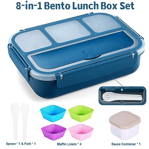 Bento Box Adult Lunch Box, Lunch Containers for Kids Girls Boys with 4 Compartments, Lunchable Food Container with Utensils, Sauce Jar, Muffin Liners, 40 Oz/5 Cup, Microwave & Dishwasher Safe, Blue