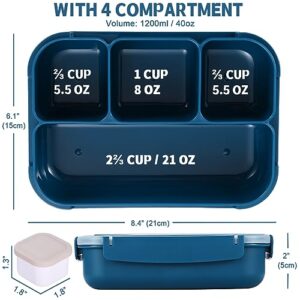 Bento Box Adult Lunch Box, Lunch Containers for Kids Girls Boys with 4 Compartments, Lunchable Food Container with Utensils, Sauce Jar, Muffin Liners, 40 Oz/5 Cup, Microwave & Dishwasher Safe, Blue