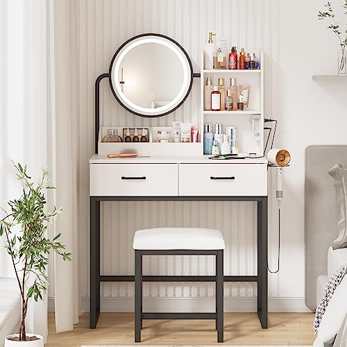 Makeup Vanity with Round Mirror and Lights, White Vanity Makeup Table with Charging Station, Small Vanity Table for Bedroom, 3 Lighting Modes, 31.5in(L)