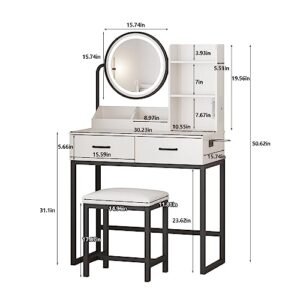 Makeup Vanity with Round Mirror and Lights, White Vanity Makeup Table with Charging Station, Small Vanity Table for Bedroom, 3 Lighting Modes, 31.5in(L)