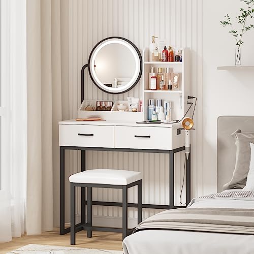 Makeup Vanity with Round Mirror and Lights, White Vanity Makeup Table with Charging Station, Small Vanity Table for Bedroom, 3 Lighting Modes, 31.5in(L)