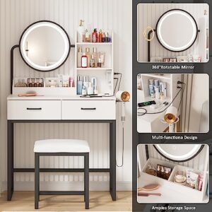 Makeup Vanity with Round Mirror and Lights, White Vanity Makeup Table with Charging Station, Small Vanity Table for Bedroom, 3 Lighting Modes, 31.5in(L)