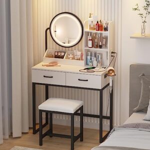 Makeup Vanity with Round Mirror and Lights, White Vanity Makeup Table with Charging Station, Small Vanity Table for Bedroom, 3 Lighting Modes, 31.5in(L)