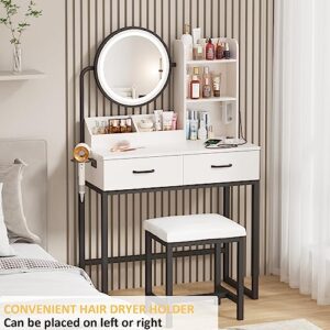 Makeup Vanity with Round Mirror and Lights, White Vanity Makeup Table with Charging Station, Small Vanity Table for Bedroom, 3 Lighting Modes, 31.5in(L)