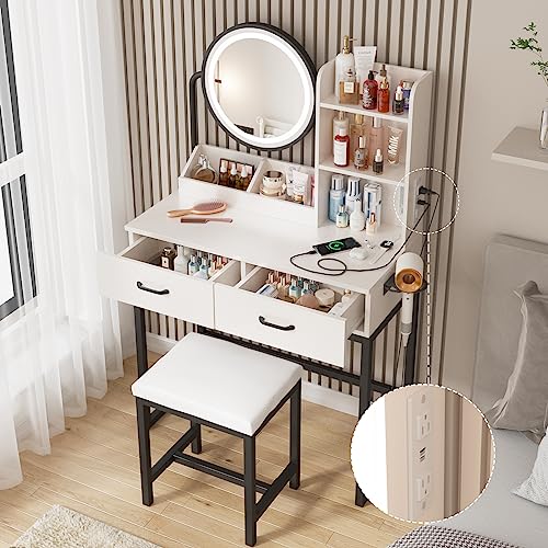 Makeup Vanity with Round Mirror and Lights, White Vanity Makeup Table with Charging Station, Small Vanity Table for Bedroom, 3 Lighting Modes, 31.5in(L)