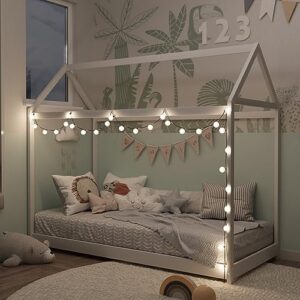 merax twin size wooden house bed for kids,no box spring needed, white