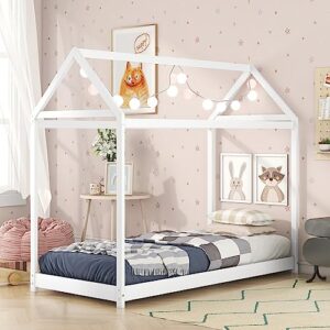 Merax Twin Size Wooden House Bed for Kids,No Box Spring Needed, White