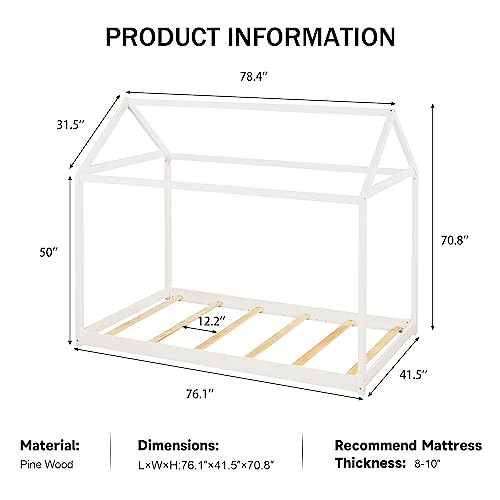 Merax Twin Size Wooden House Bed for Kids,No Box Spring Needed, White