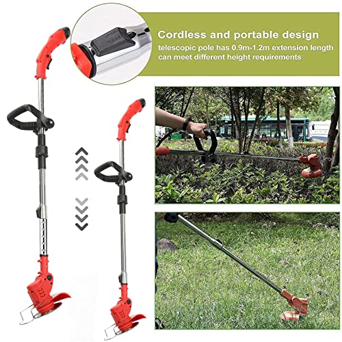 Cordless Weed Wacker, 2000mAh Battery Powered Lawn Edger, 2 in 1 Height Adjustable Electric Mower Push Edger Lawn Tool (Red)