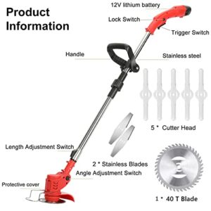 Cordless Weed Wacker, 2000mAh Battery Powered Lawn Edger, 2 in 1 Height Adjustable Electric Mower Push Edger Lawn Tool (Red)