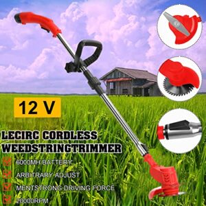 Cordless Weed Wacker, 2000mAh Battery Powered Lawn Edger, 2 in 1 Height Adjustable Electric Mower Push Edger Lawn Tool (Red)