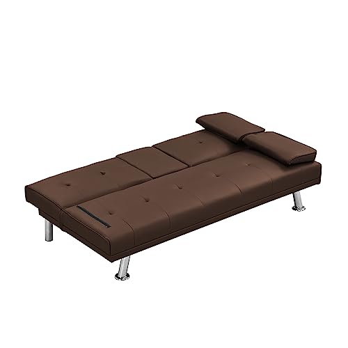 Anwickhomk Modern Upholstered Convertible Folding Futon Sofa Bed, Convertible Sleeper Sofa, Couch, Loveseat with Metal Legs,2 Cupholders,Removable Armrests for Compact Living Space (Brown)