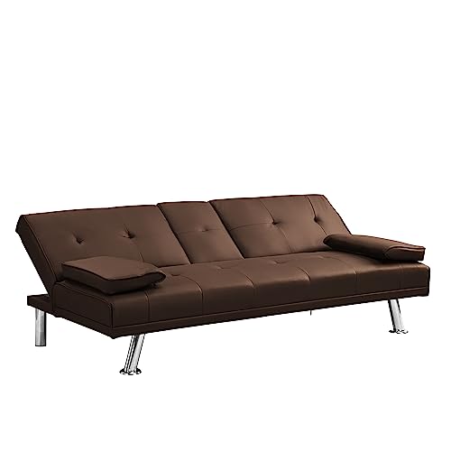 Anwickhomk Modern Upholstered Convertible Folding Futon Sofa Bed, Convertible Sleeper Sofa, Couch, Loveseat with Metal Legs,2 Cupholders,Removable Armrests for Compact Living Space (Brown)