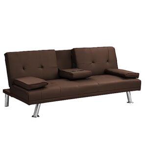 Anwickhomk Modern Upholstered Convertible Folding Futon Sofa Bed, Convertible Sleeper Sofa, Couch, Loveseat with Metal Legs,2 Cupholders,Removable Armrests for Compact Living Space (Brown)