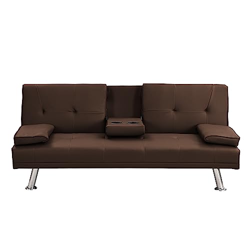 Anwickhomk Modern Upholstered Convertible Folding Futon Sofa Bed, Convertible Sleeper Sofa, Couch, Loveseat with Metal Legs,2 Cupholders,Removable Armrests for Compact Living Space (Brown)