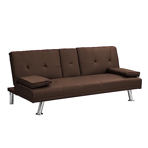 Anwickhomk Modern Upholstered Convertible Folding Futon Sofa Bed, Convertible Sleeper Sofa, Couch, Loveseat with Metal Legs,2 Cupholders,Removable Armrests for Compact Living Space (Brown)