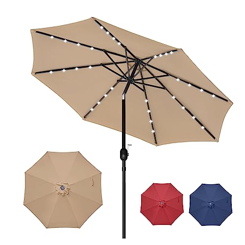 YSSOA 9' Solar 32 Lighted Patio Table Market Push Button Tilt/Crank Outdoor Umbrella for Garden, Deck, Backyard and Pool, 9ft-LED, Tan—LED