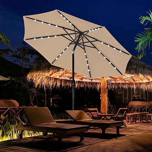 YSSOA 9' Solar 32 Lighted Patio Table Market Push Button Tilt/Crank Outdoor Umbrella for Garden, Deck, Backyard and Pool, 9ft-LED, Tan—LED