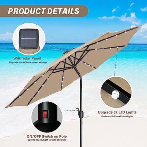 YSSOA 9' Solar 32 Lighted Patio Table Market Push Button Tilt/Crank Outdoor Umbrella for Garden, Deck, Backyard and Pool, 9ft-LED, Tan—LED