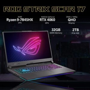 Asus 2023 ROG Strix G17 17.3” QHD 240Hz Gaming Laptop, AMD Ryzen 9-7845HX, NVIDIA GeForce RTX 4060, 32GB DDR5, 2TB PCIe SSD, RGB Backlit Keyboard, Wi-Fi 6E, Win 11 Home, Gray, Snowbell USB Card
