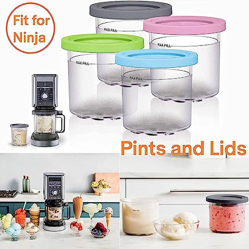 EVANEM 2/4/6PCS Creami Deluxe Pints, for Creami Ninja,16 OZ Creami Pint Airtight,Reusable Compatible with NC299AMZ,NC300s Series Ice Cream Makers,Pink+Green-2PCS