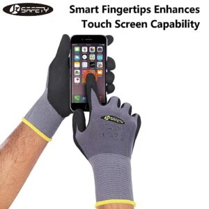 JKSafety Sandy MicroFoam Nitrile Safety Work Gloves with Touch Screen capability 6 Pairs Lightweight Work Utility Gloves EN388 Non-Slip Grips Nylon Spandex material Charcoal Gray (G229-CGrey6 L)