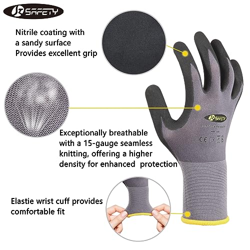 JKSafety Sandy MicroFoam Nitrile Safety Work Gloves with Touch Screen capability 6 Pairs Lightweight Work Utility Gloves EN388 Non-Slip Grips Nylon Spandex material Charcoal Gray (G229-CGrey6 L)