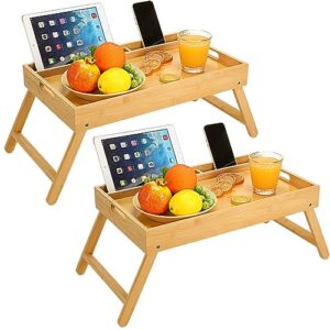 leinuosen 2 pcs large bed tray table with media slot 19.7 inch bamboo breakfast food tray with handles folding legs portable laptop pad desk tv snack tray for eating, reading, working