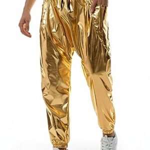 GRAJTCIN Metallic Shiny Jogger Sweatpants for Men 70s/80s Disco Party Rave Sequin Pants Elastic Trousers for Men with Pockets Solid Gold L