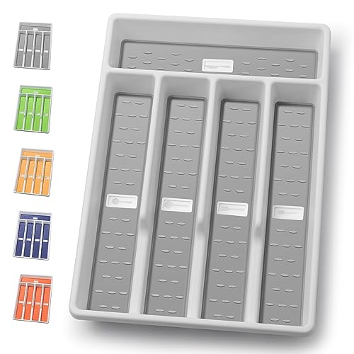 CherHome Silverware Organizer with Cutlery Icons，Silverware Tray for Kitchen Drawer，Plastic Flatware Tableware Silverware Drawer Organizer Utensil Organizer with Non-slip TPR Linings，5-Compartment（Grey）