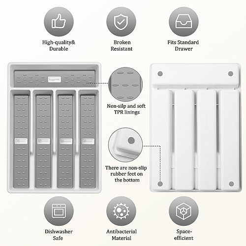 CherHome Silverware Organizer with Cutlery Icons，Silverware Tray for Kitchen Drawer，Plastic Flatware Tableware Silverware Drawer Organizer Utensil Organizer with Non-slip TPR Linings，5-Compartment（Grey）