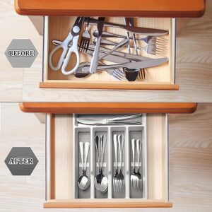 CherHome Silverware Organizer with Cutlery Icons，Silverware Tray for Kitchen Drawer，Plastic Flatware Tableware Silverware Drawer Organizer Utensil Organizer with Non-slip TPR Linings，5-Compartment（Grey）