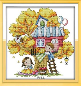 captaincrafts cross stitch kits full range stamped and counted fabric diy art needlecrafts embroidery kit for adults beginner (unpreprint 14ct, tree house autumn)