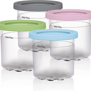 4 pack replacement pints and lids for ninja creami deluxe - compatible with nc301 nc300 nc299amz series ice cream maker, airtight and dishwasher safe(pink/green/grey/blue)