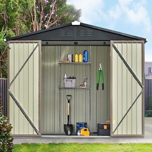 merax outdoor storage shed, 8x 6 ft metal garden shed steel tool shed storage house with adjustable shelf and lockable doors,tool cabinet with vents and foundation for backyard, patio & lawn, brown